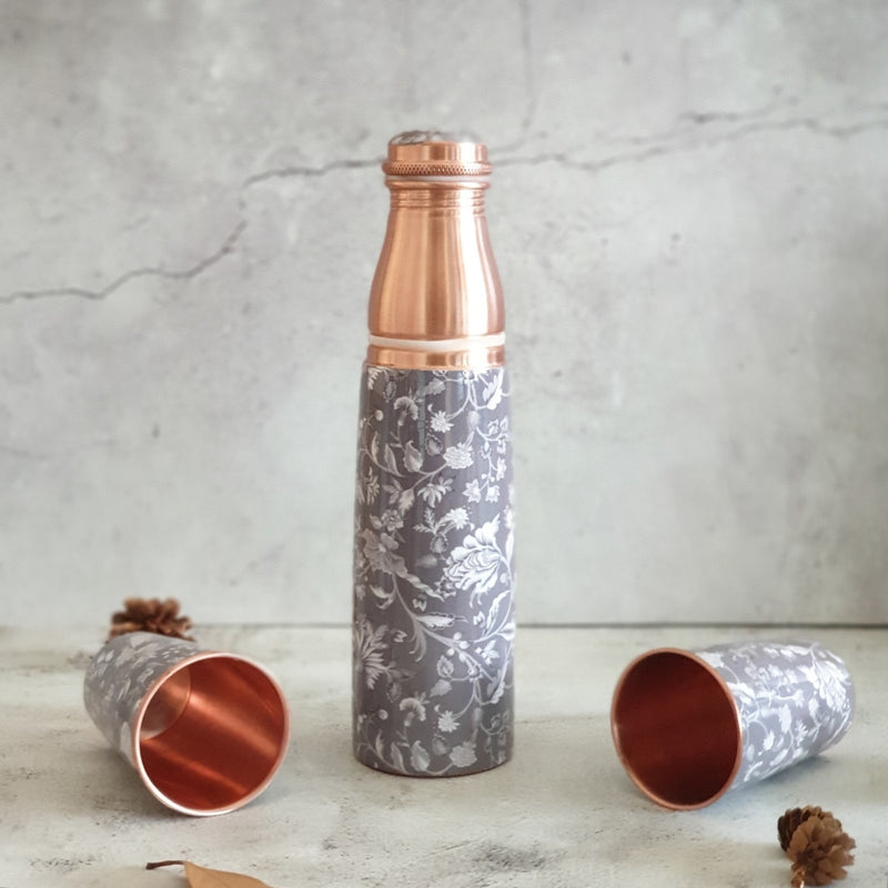 COPPER BOTTLE SET WITH 2 GLASSES, FLORAL RADIANCE