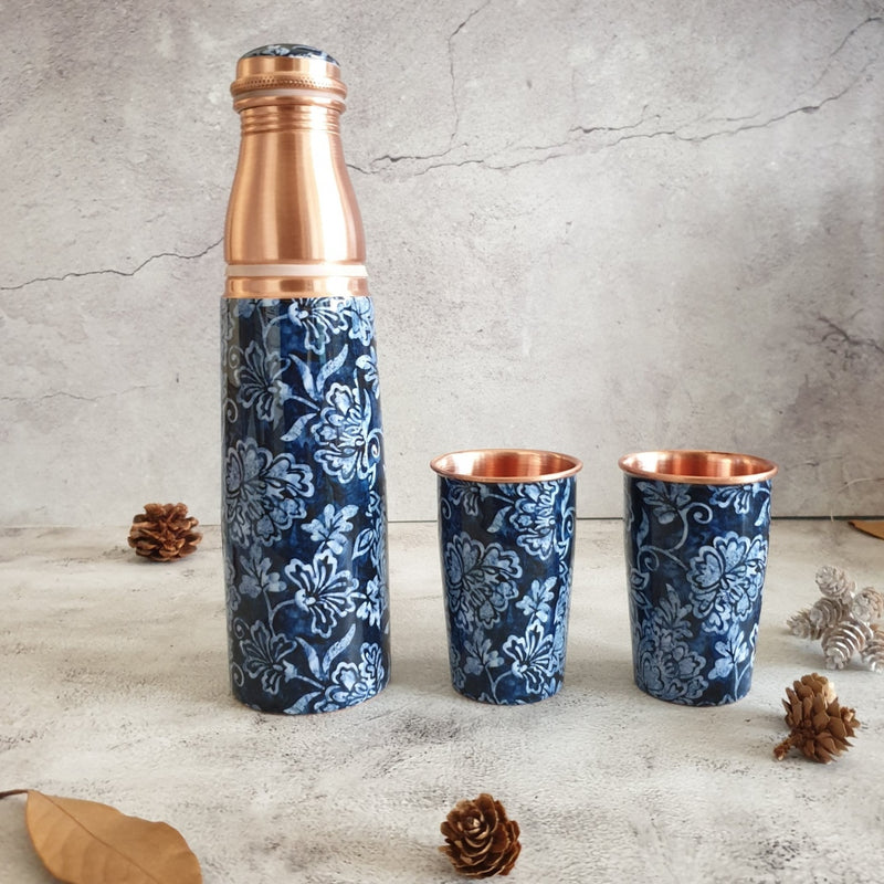 COPPER BOTTLE SET WITH 2 GLASSES, INK IVY