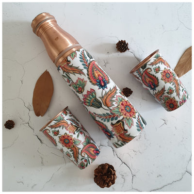 COPPER BOTTLE SET WITH 2 GLASSES, PAISLEY