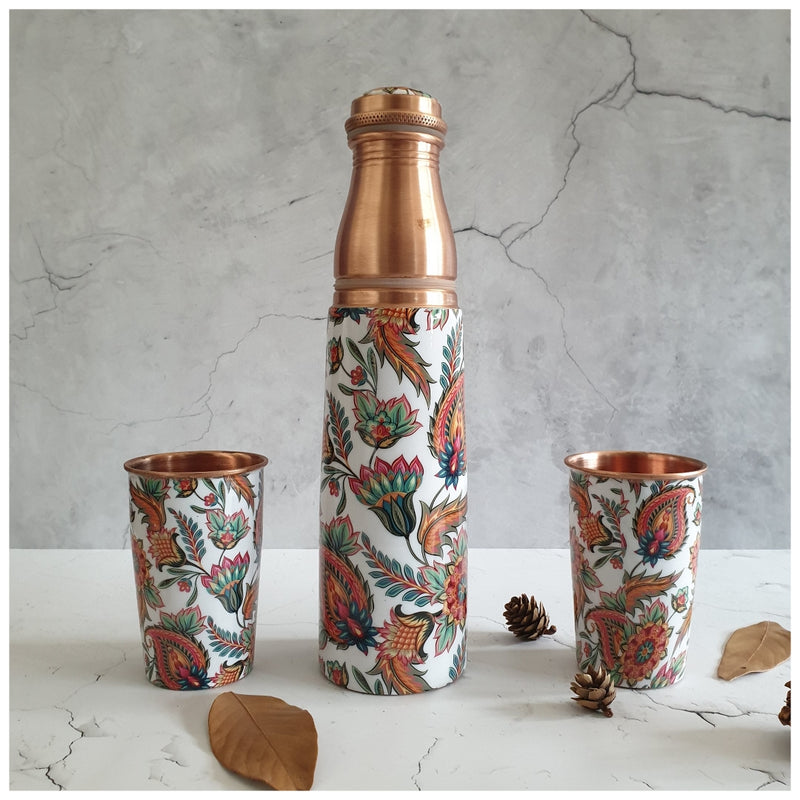 COPPER BOTTLE SET WITH 2 GLASSES, PAISLEY