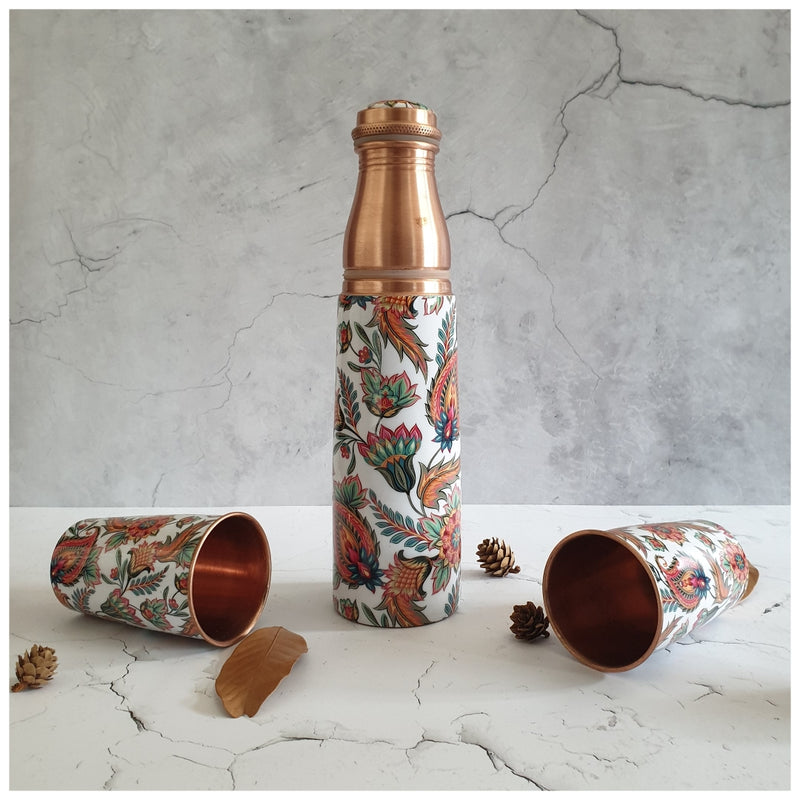 COPPER BOTTLE SET WITH 2 GLASSES, PAISLEY