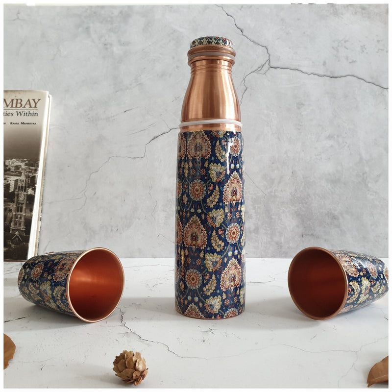 COPPER BOTTLE SET WITH 2 GLASSES, BLUE POPULAR