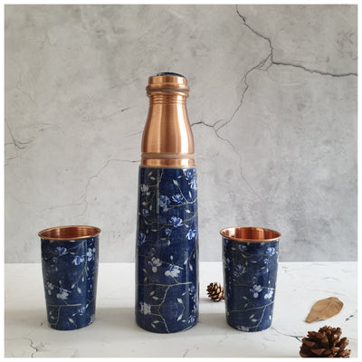 COPPER BOTTLE SET WITH 2 GLASSES, FLORAL NIGHT