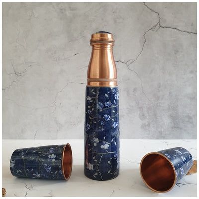 COPPER BOTTLE SET WITH 2 GLASSES, FLORAL NIGHT