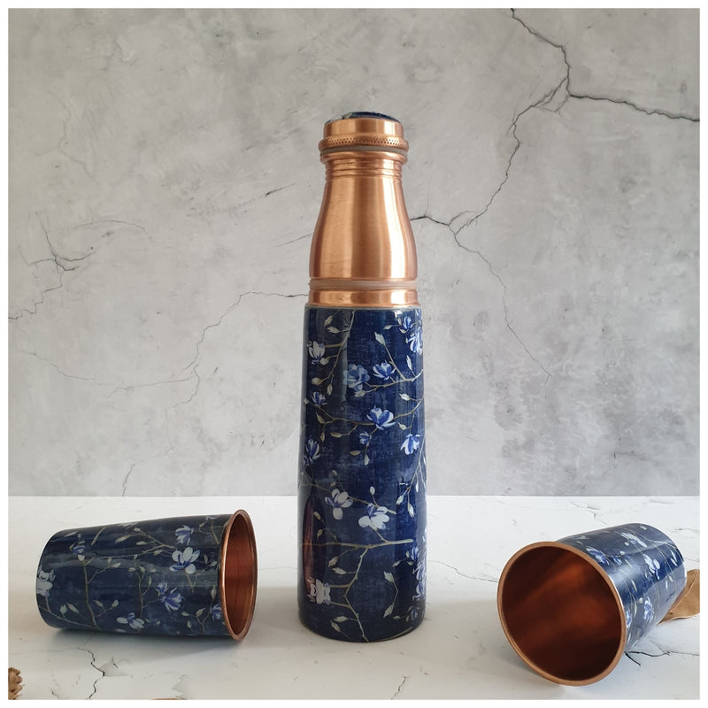 COPPER BOTTLE SET WITH 2 GLASSES, FLORAL NIGHT