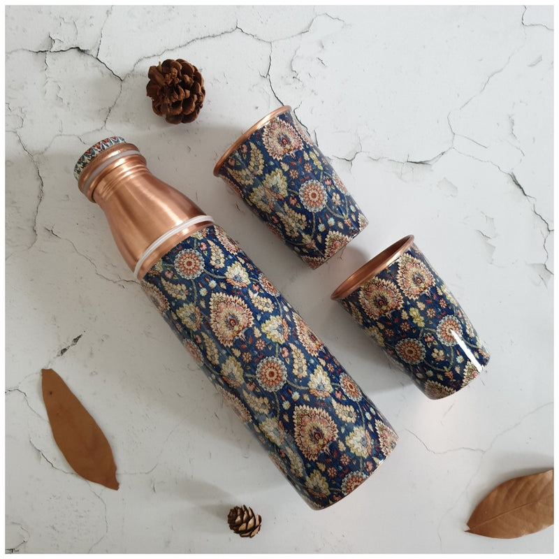 COPPER BOTTLE SET WITH 2 GLASSES, BLUE POPULAR