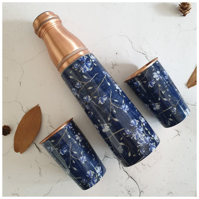 COPPER BOTTLE SET WITH 2 GLASSES, FLORAL NIGHT