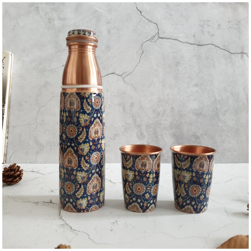 COPPER BOTTLE SET WITH 2 GLASSES, BLUE POPULAR