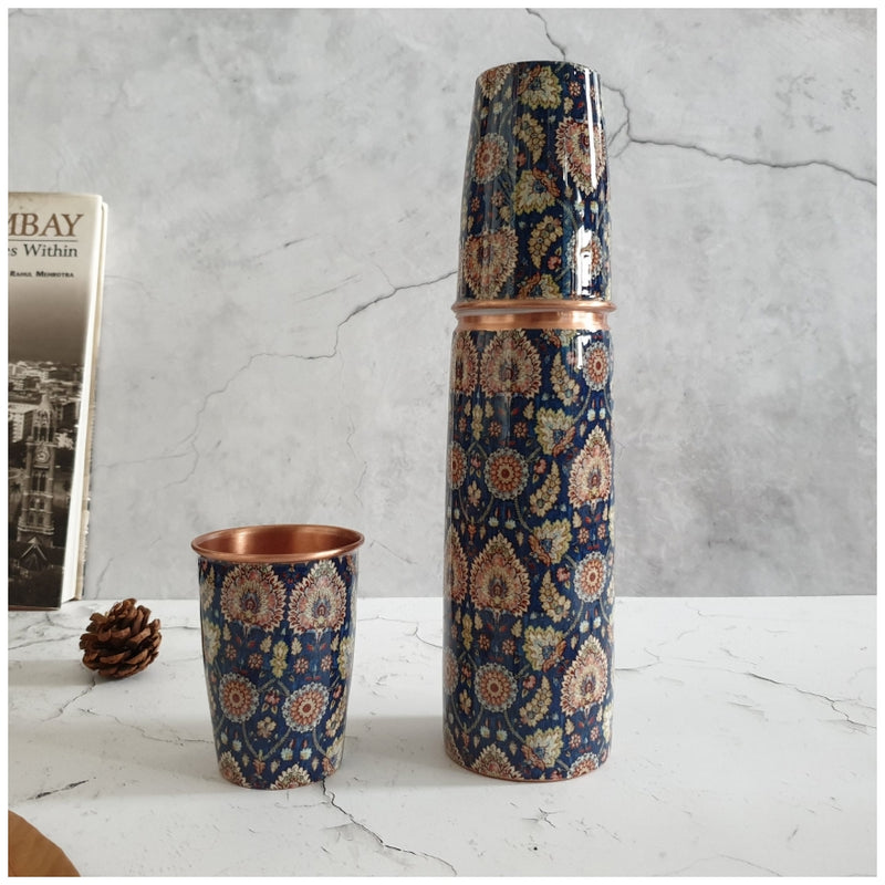 COPPER BOTTLE SET WITH 2 GLASSES, BLUE POPULAR