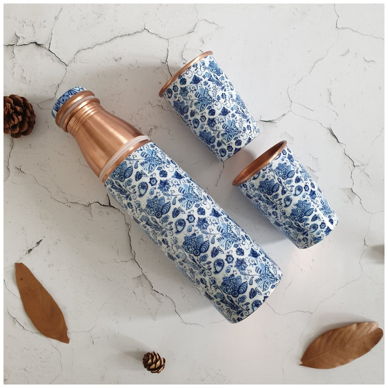 COPPER BOTTLE SET WITH 2 GLASSES, WATER LILY