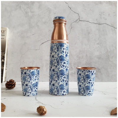COPPER BOTTLE SET WITH 2 GLASSES, WATER LILY