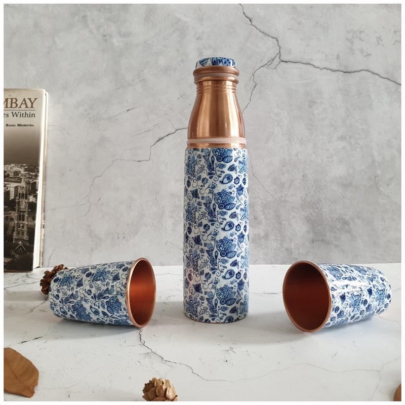 COPPER BOTTLE SET WITH 2 GLASSES, WATER LILY