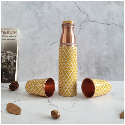 COPPER BOTTLE SET WITH 2 GLASSES, YELLOW SUNSHINE