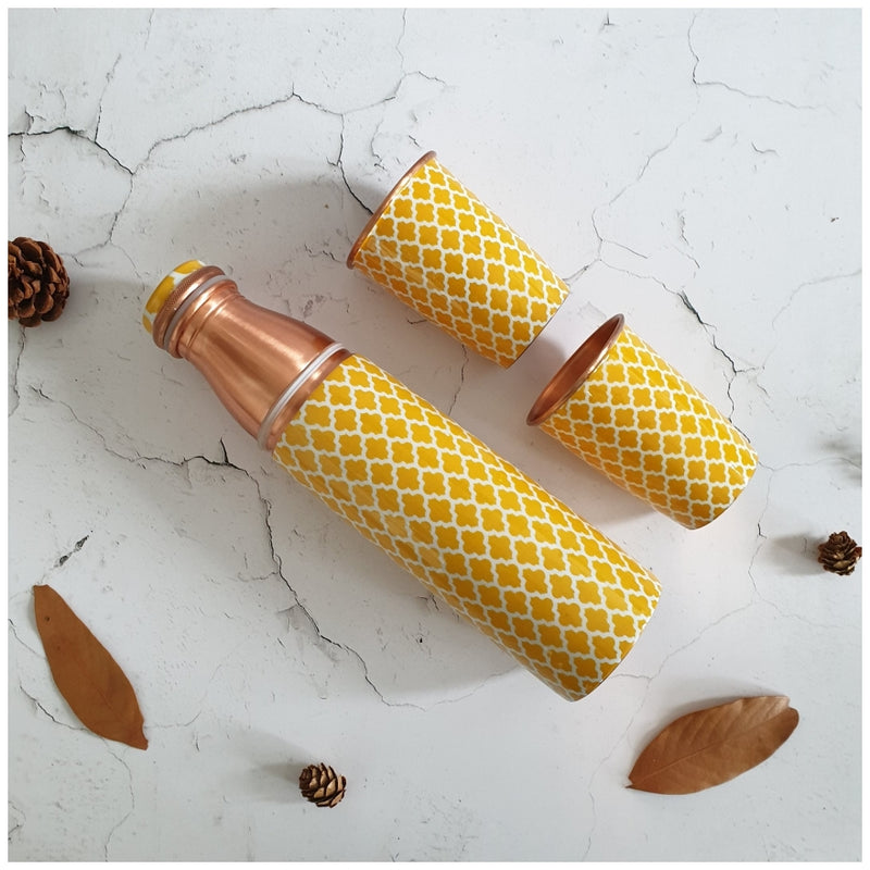 COPPER BOTTLE SET WITH 2 GLASSES, YELLOW SUNSHINE
