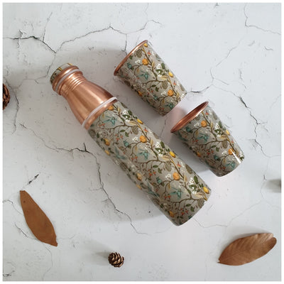 COPPER BOTTLE SET WITH 2 GLASSES, HUMMING BIRD