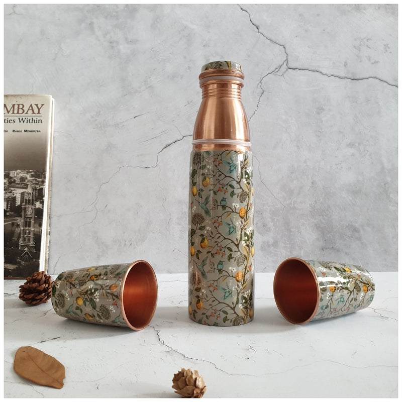 COPPER BOTTLE SET WITH 2 GLASSES, HUMMING BIRD