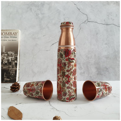 COPPER BOTTLE SET WITH 2 GLASSES, KALAMKARI