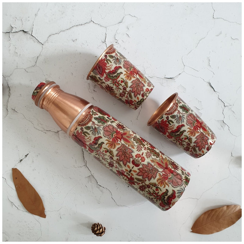 COPPER BOTTLE SET WITH 2 GLASSES, KALAMKARI