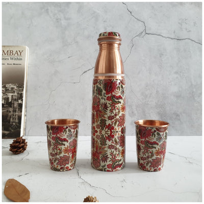 COPPER BOTTLE SET WITH 2 GLASSES, KALAMKARI