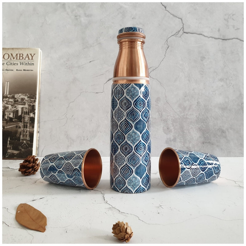 COPPER BOTTLE SET WITH 2 GLASSES, PALM MANDALA
