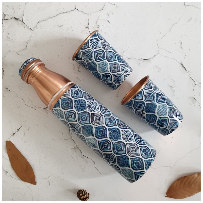 COPPER BOTTLE SET WITH 2 GLASSES, PALM MANDALA