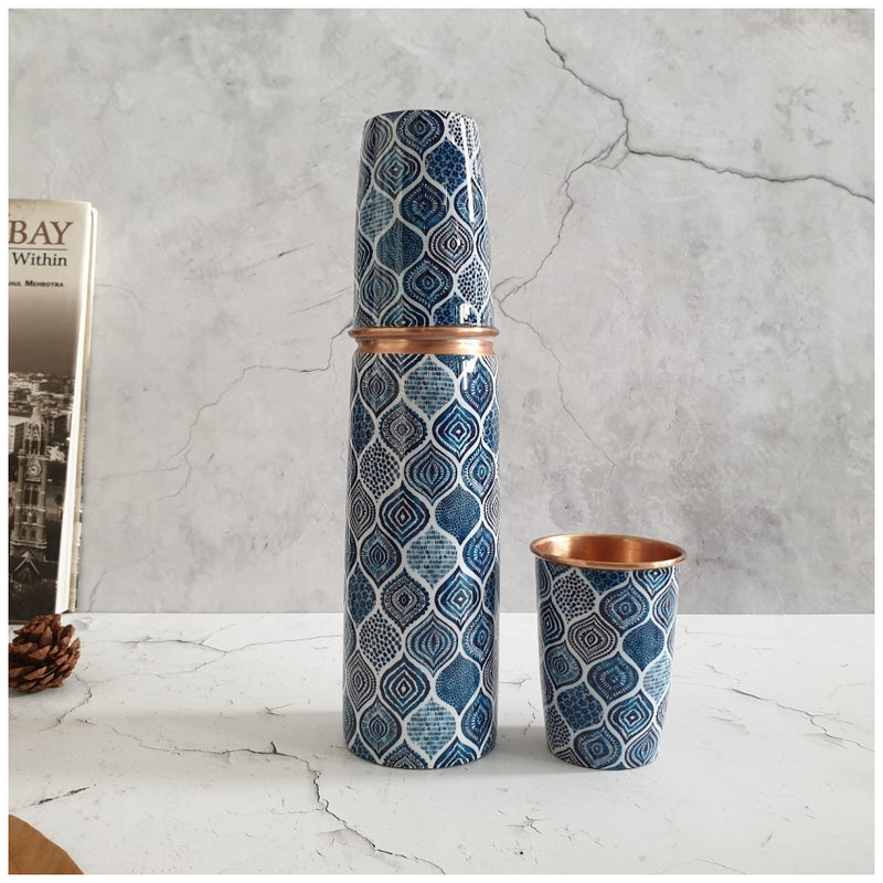 COPPER BOTTLE SET WITH 2 GLASSES, PALM MANDALA