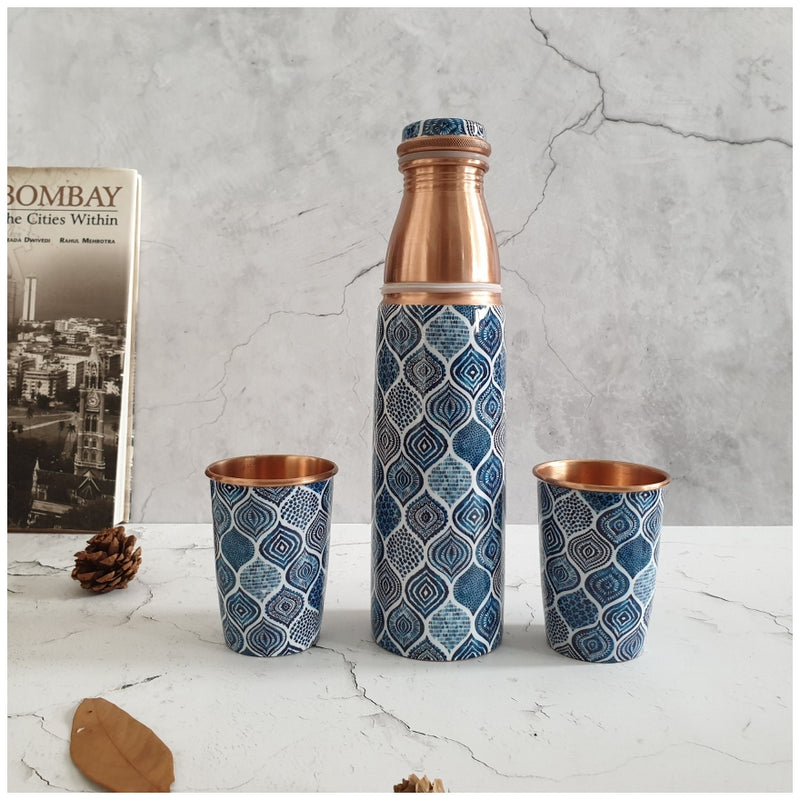 COPPER BOTTLE SET WITH 2 GLASSES, PALM MANDALA