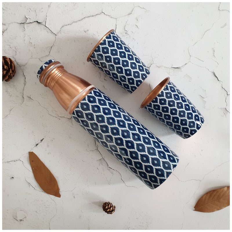 COPPER BOTTLE SET WITH 2 GLASSES, IKAT