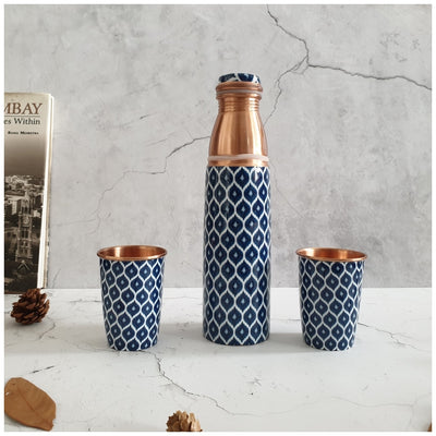 COPPER BOTTLE SET WITH 2 GLASSES, IKAT