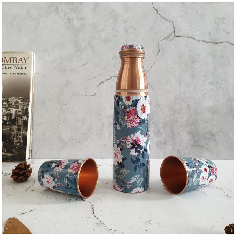 COPPER BOTTLE SET WITH 2 GLASSES, DESERT ROSE GREY