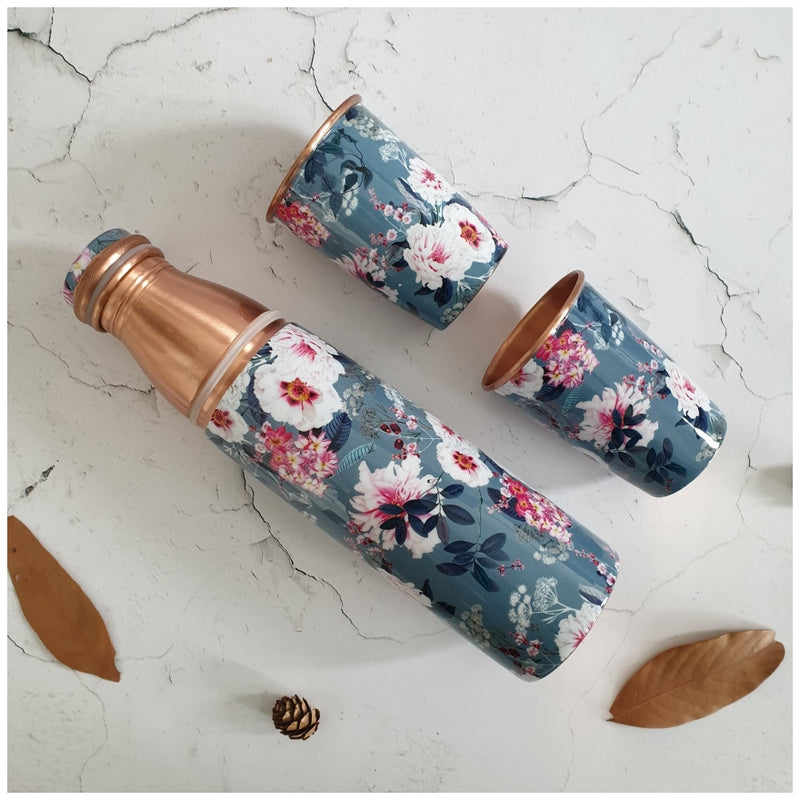COPPER BOTTLE SET WITH 2 GLASSES, DESERT ROSE GREY