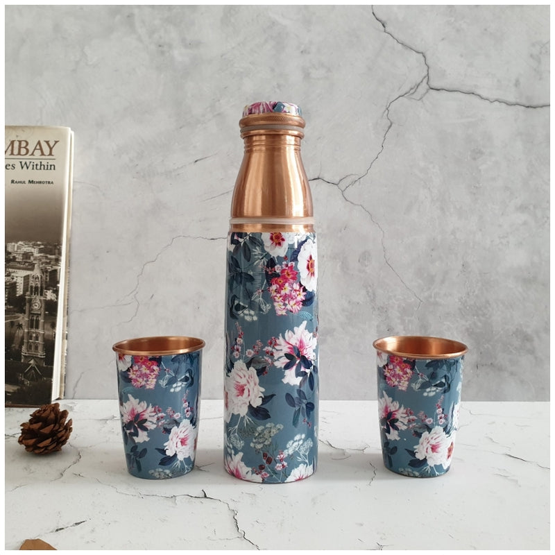 COPPER BOTTLE SET WITH 2 GLASSES, DESERT ROSE GREY