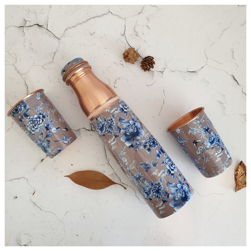 COPPER BOTTLE SET WITH 2 GLASSES, ENCHANTED FOREST