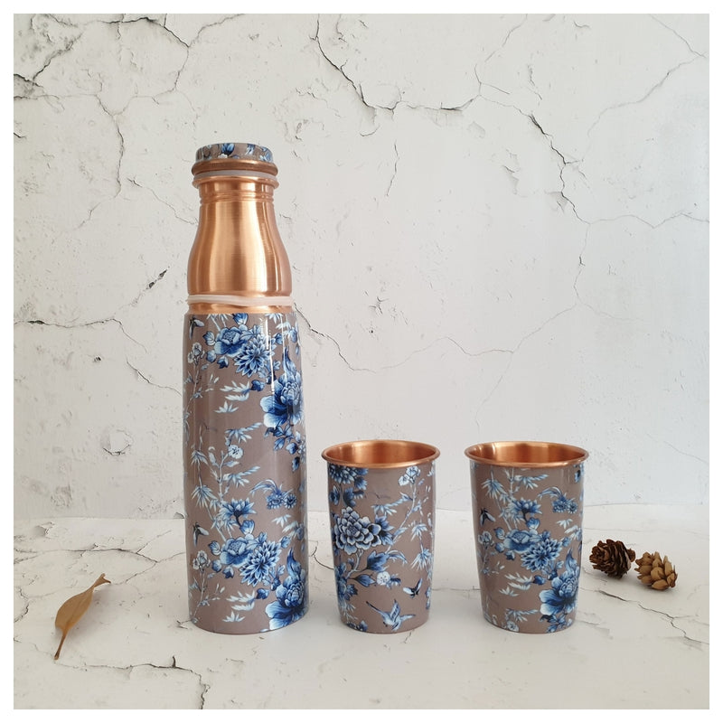 COPPER BOTTLE SET WITH 2 GLASSES, ENCHANTED FOREST