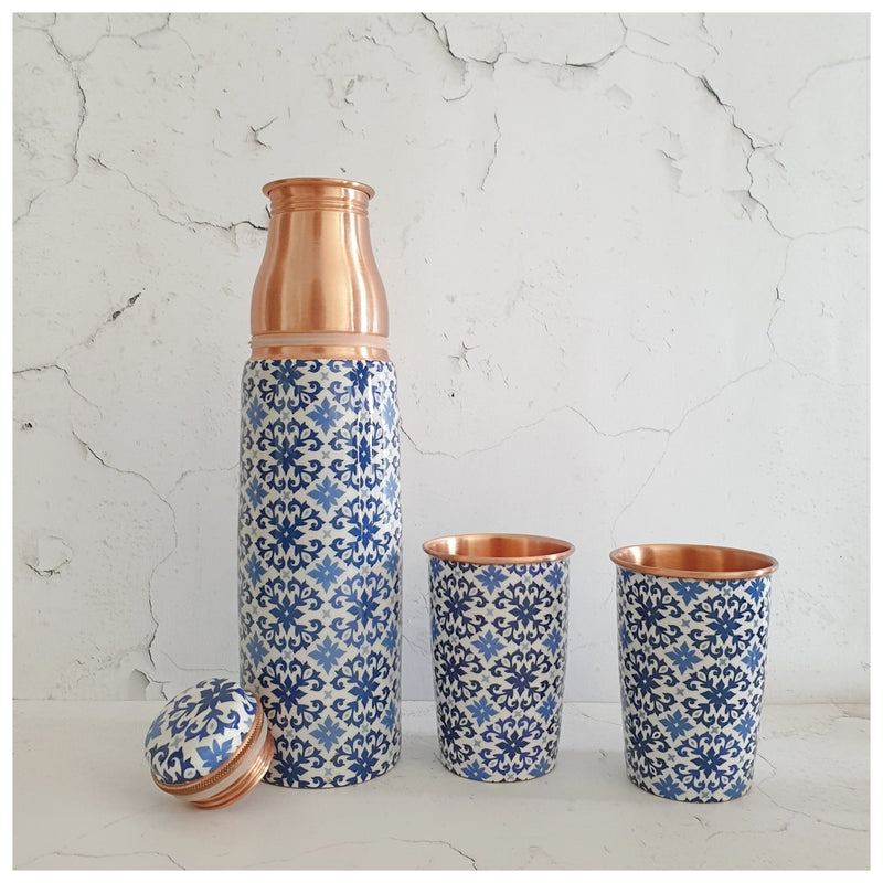 COPPER BOTTLE SET WITH 2 GLASSES, MOROCCAN FLORET