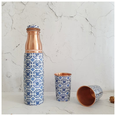 COPPER BOTTLE SET WITH 2 GLASSES, MOROCCAN FLORET