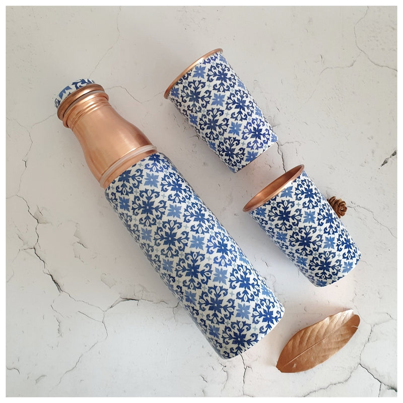 COPPER BOTTLE SET WITH 2 GLASSES, MOROCCAN FLORET