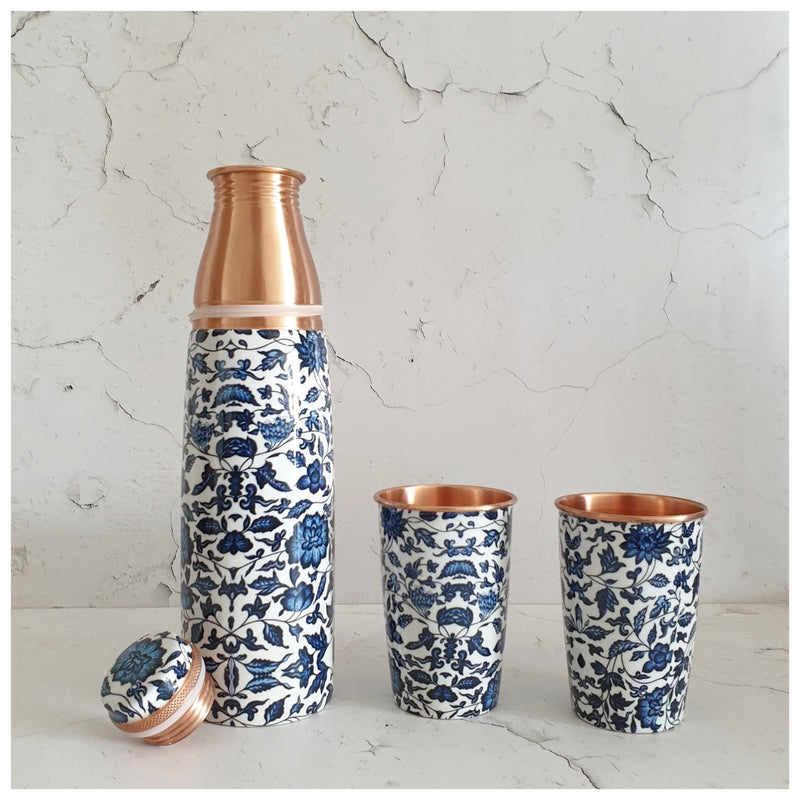 COPPER BOTTLE SET WITH 2 GLASSES, INDIGO BLUE