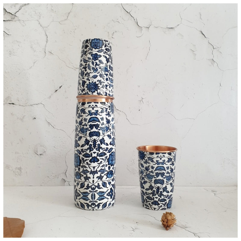 COPPER BOTTLE SET WITH 2 GLASSES, INDIGO BLUE