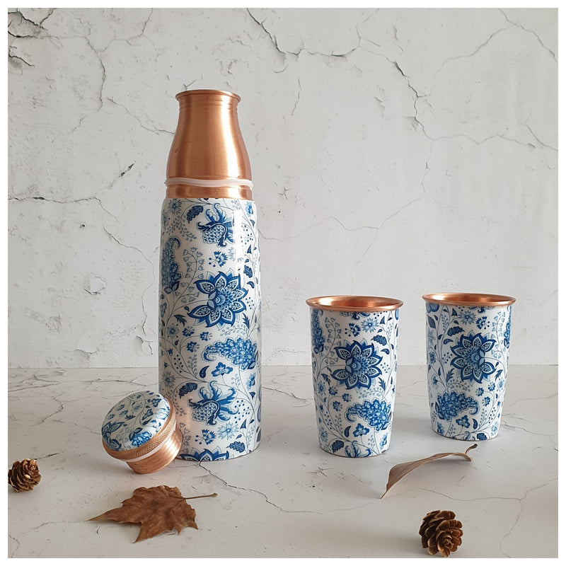 COPPER BOTTLE SET WITH 2 GLASSES, WHITE LOTUS