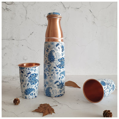 COPPER BOTTLE SET WITH 2 GLASSES, WHITE LOTUS