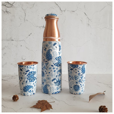 COPPER BOTTLE SET WITH 2 GLASSES, WHITE LOTUS