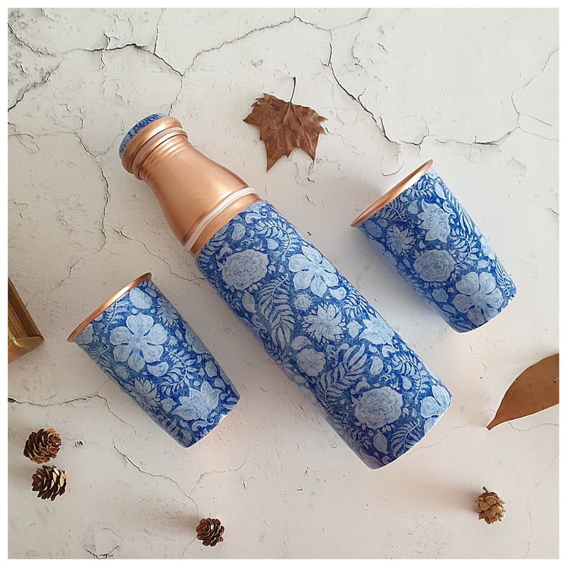 COPPER BOTTLE SET WITH 2 GLASSES, BLUE LOTUS