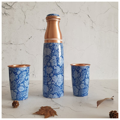 COPPER BOTTLE SET WITH 2 GLASSES, BLUE LOTUS