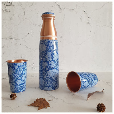 COPPER BOTTLE SET WITH 2 GLASSES, BLUE LOTUS