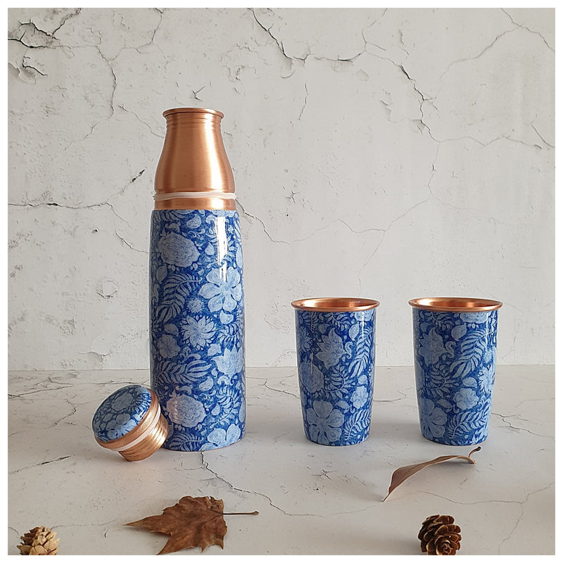 COPPER BOTTLE SET WITH 2 GLASSES, BLUE LOTUS