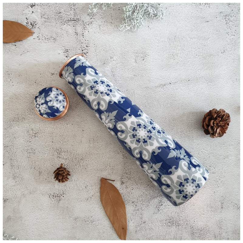 Slim Copper Bottle, 750 ML, Moroccan Blue Floral