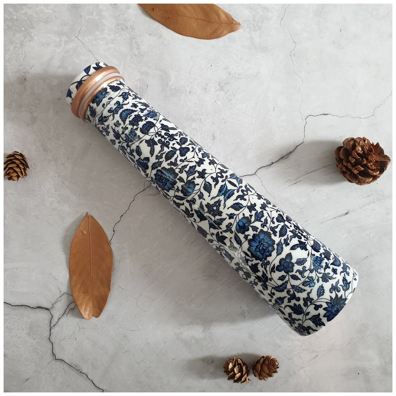 Slim Copper Bottle, 750 ML, Indigo Blue Floral