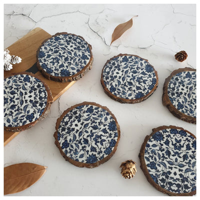 COASTERS - WOOD BARK (SET OF 6) - INDIGO BLUE FLORAL