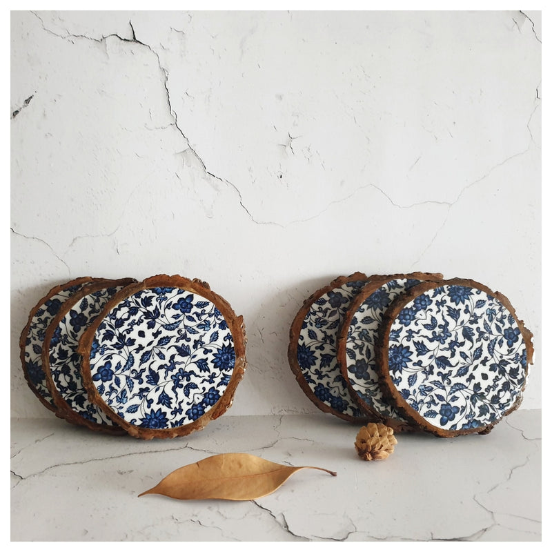 COASTERS - WOOD BARK (SET OF 6) - INDIGO BLUE FLORAL